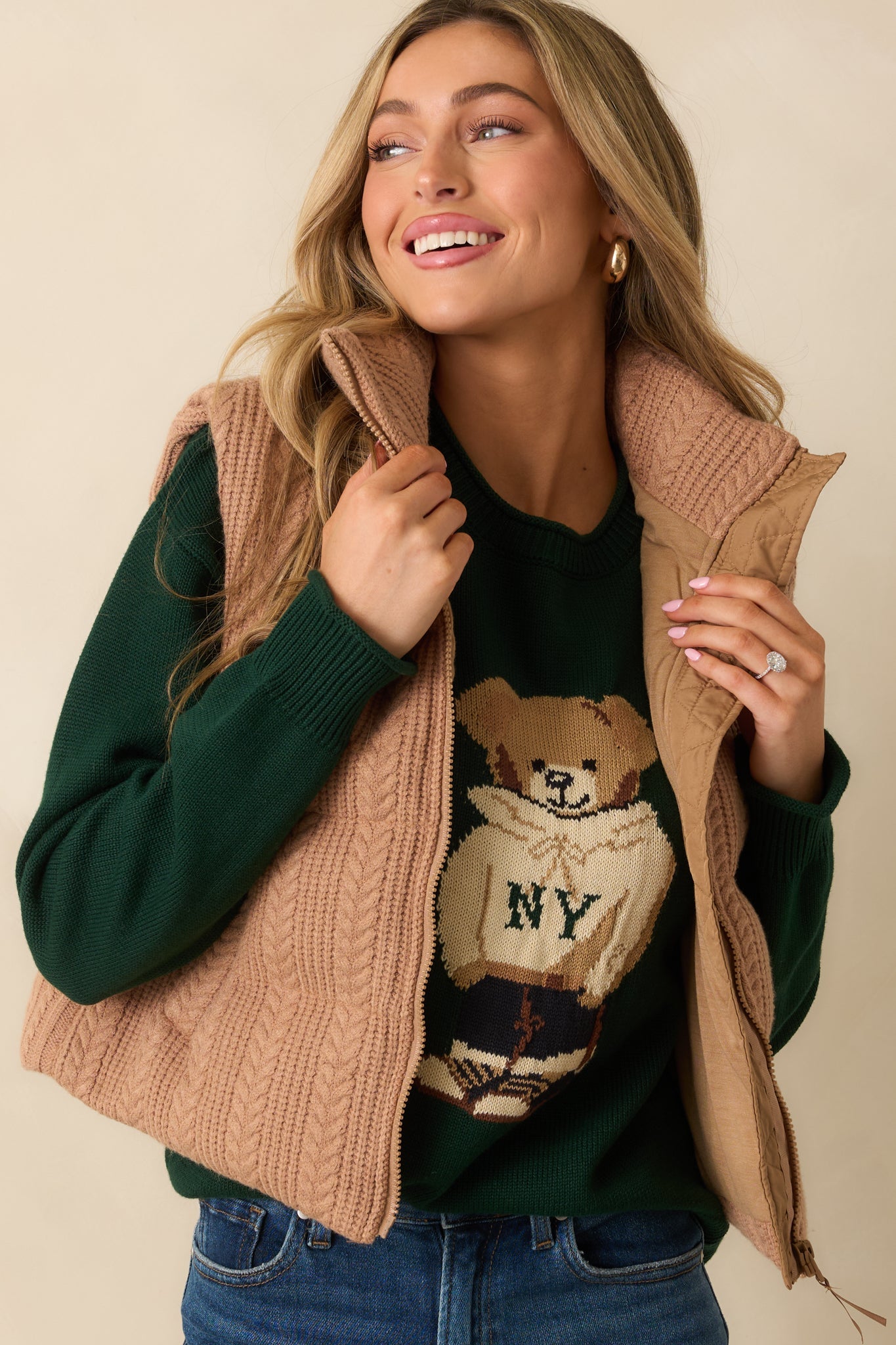 Don't Wait Around Hunter Green Teddy Bear Graphic Crewneck Sweater