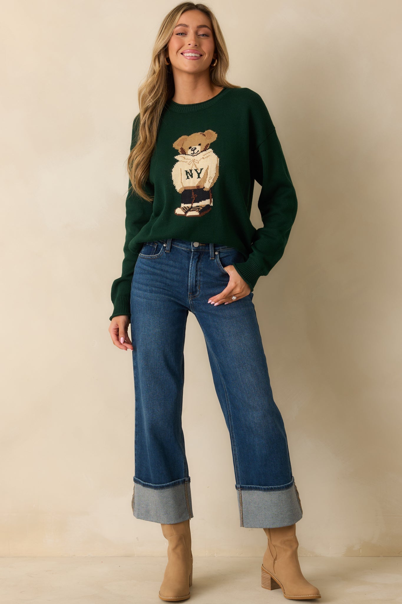 Don't Wait Around Hunter Green Teddy Bear Graphic Crewneck Sweater