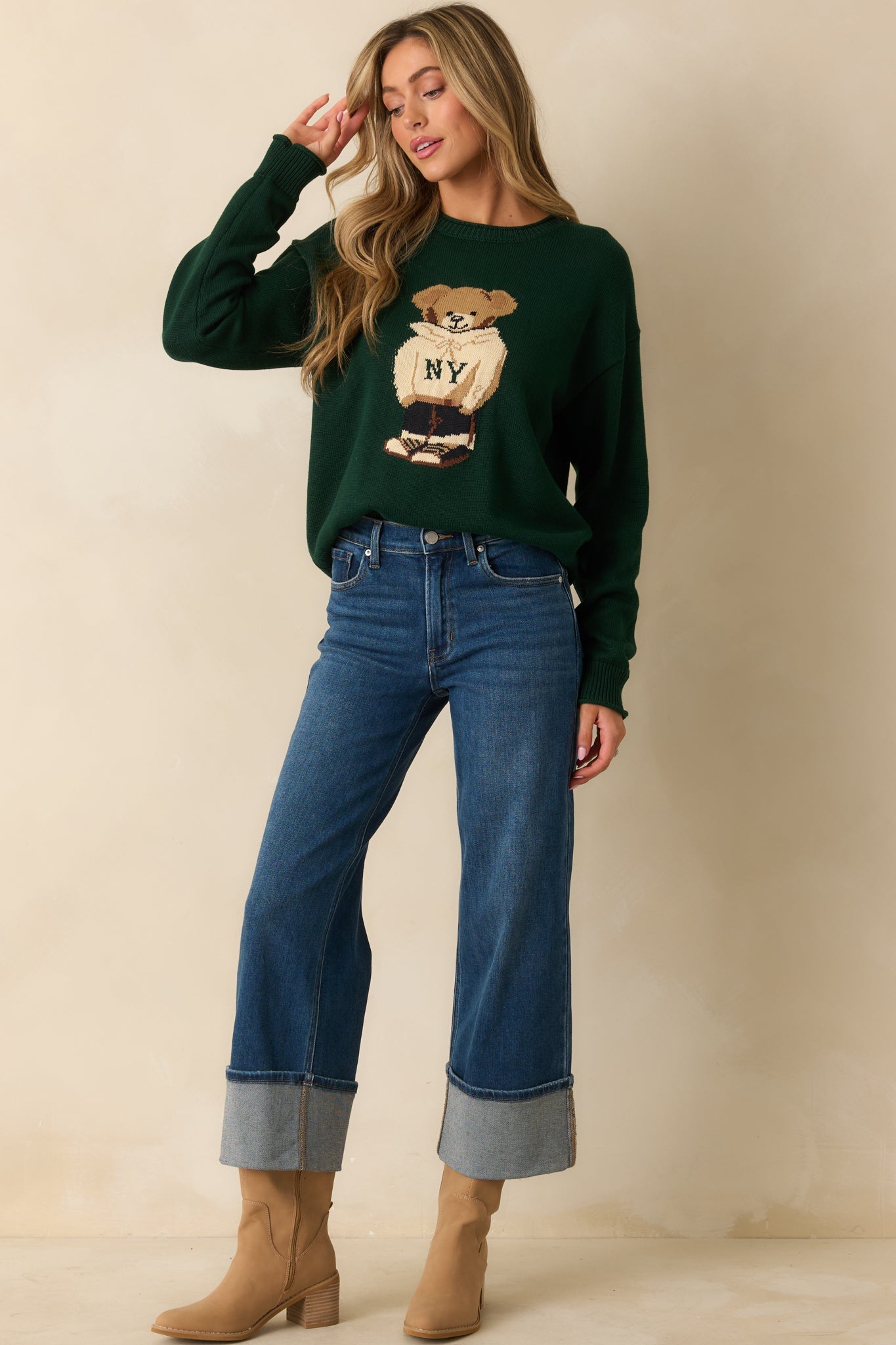 Don't Wait Around Hunter Green Teddy Bear Graphic Crewneck Sweater