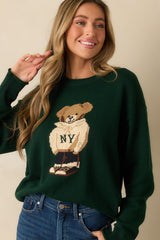 Don't Wait Around Hunter Green Teddy Bear Graphic Crewneck Sweater
