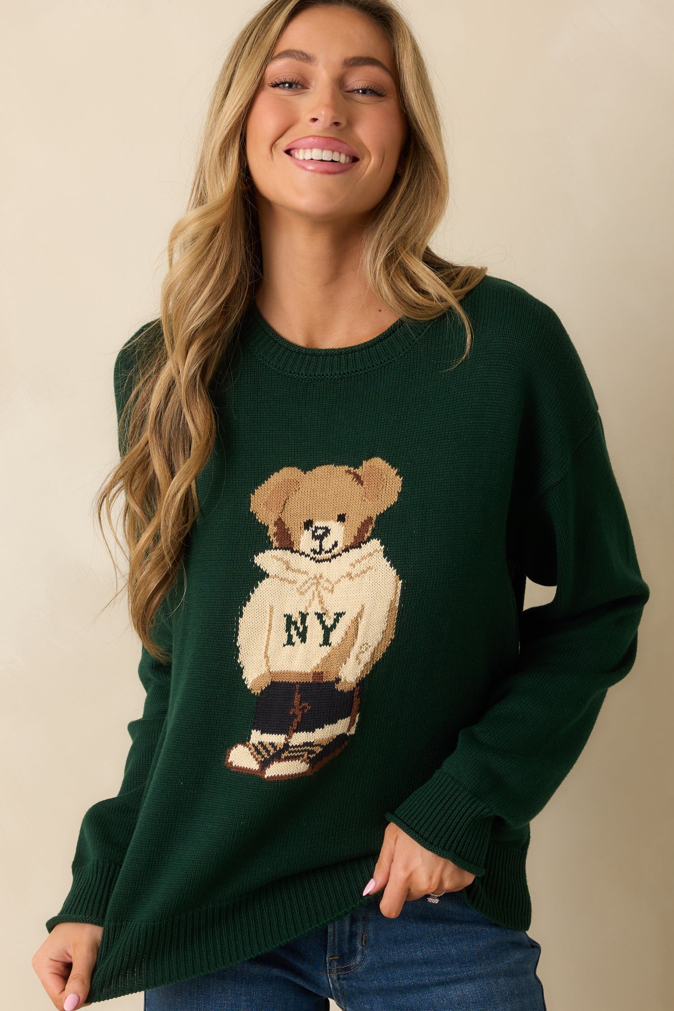 Don't Wait Around Hunter Green Teddy Bear Graphic Crewneck Sweater