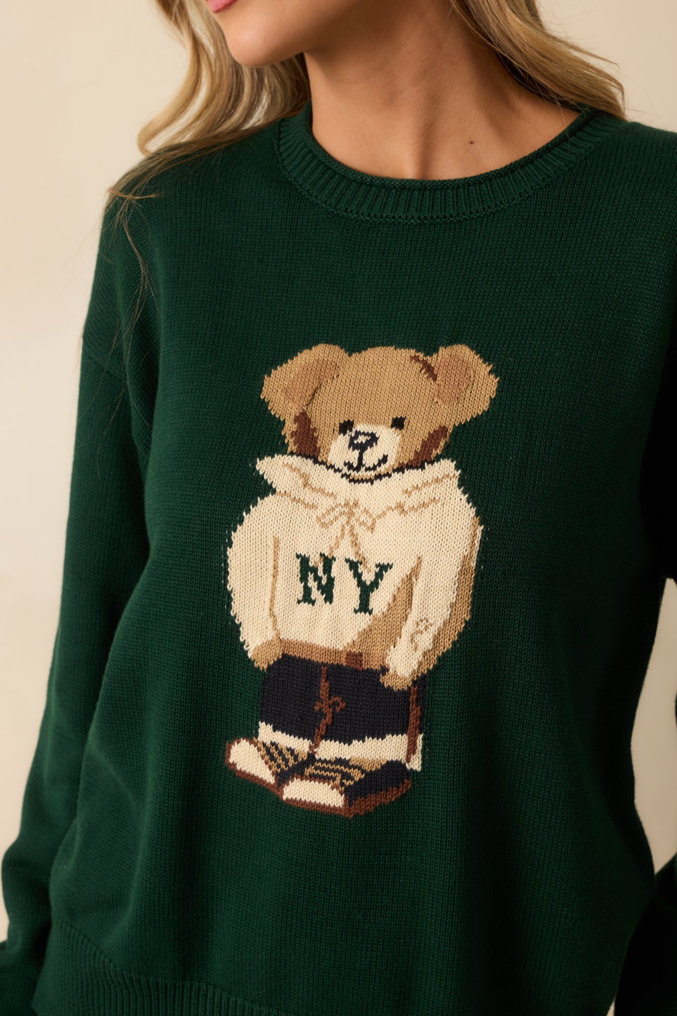 Don't Wait Around Hunter Green Teddy Bear Graphic Crewneck Sweater