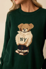 Don't Wait Around Hunter Green Teddy Bear Graphic Crewneck Sweater