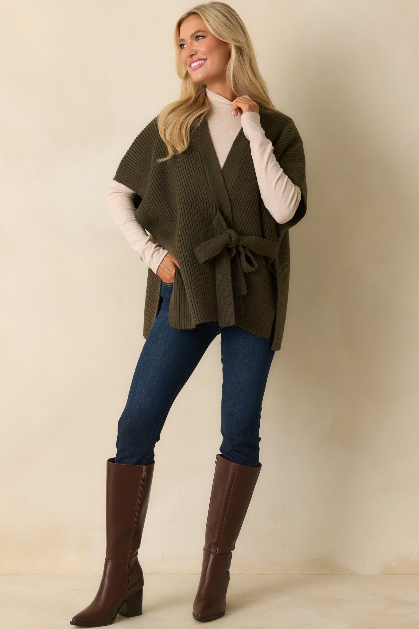 Endless Ease Olive Green Ribbed Knit Wrap Cardigan Sweater