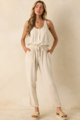 Anywhere And Everywhere Natural Linen Blend Sleeveless Jumpsuit