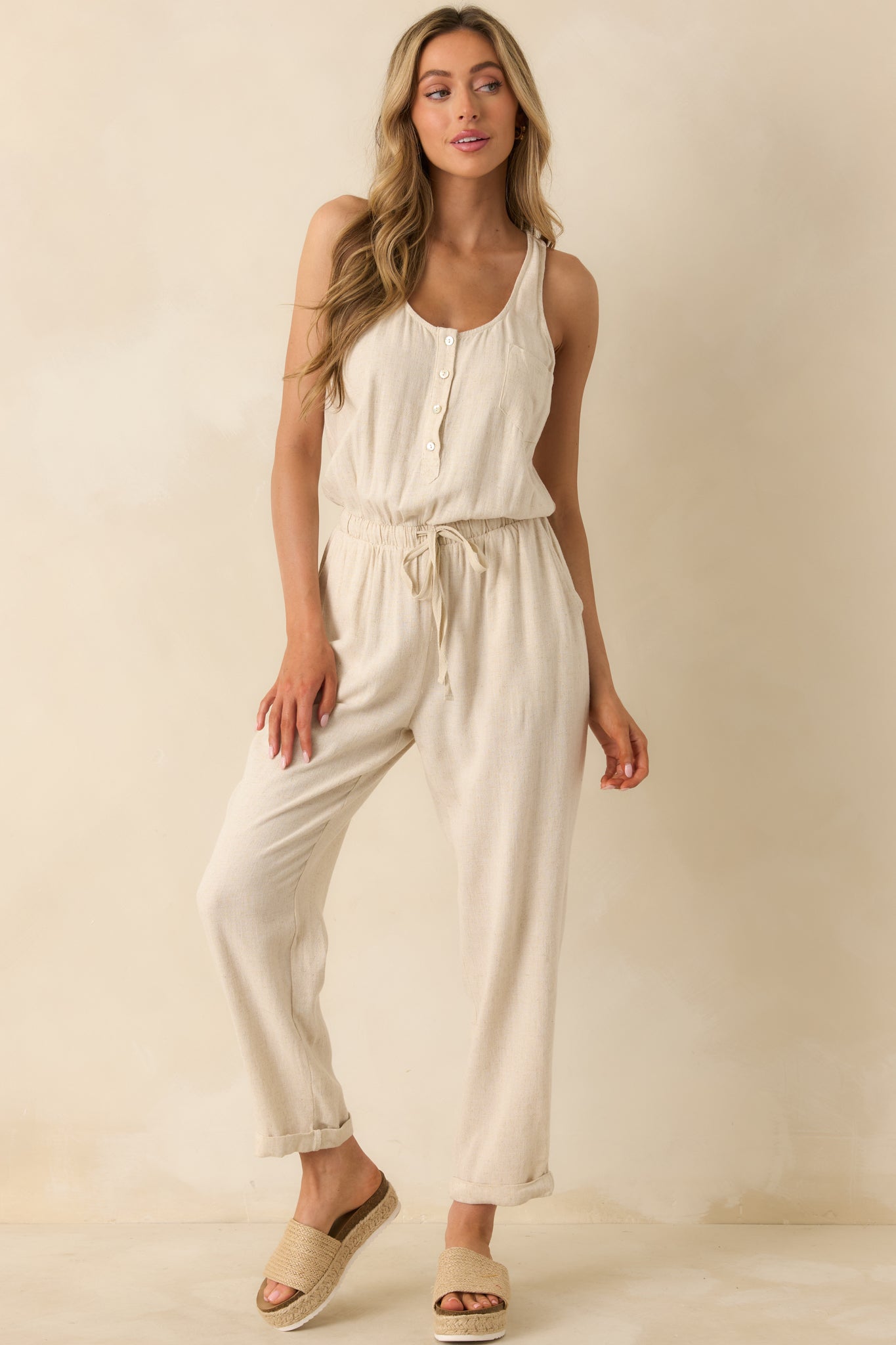 Anywhere And Everywhere Natural Linen Blend Sleeveless Jumpsuit