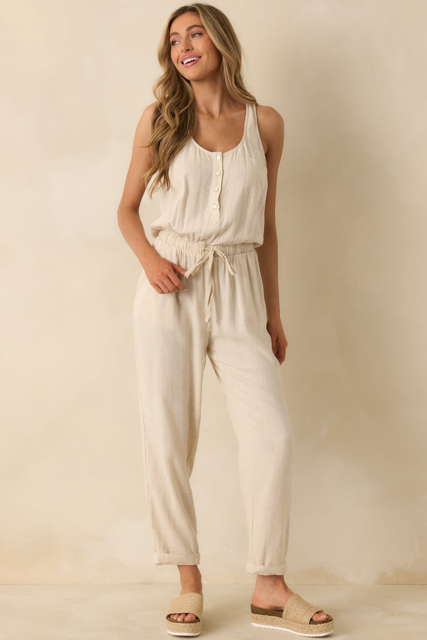 Anywhere And Everywhere Natural Linen Blend Sleeveless Jumpsuit