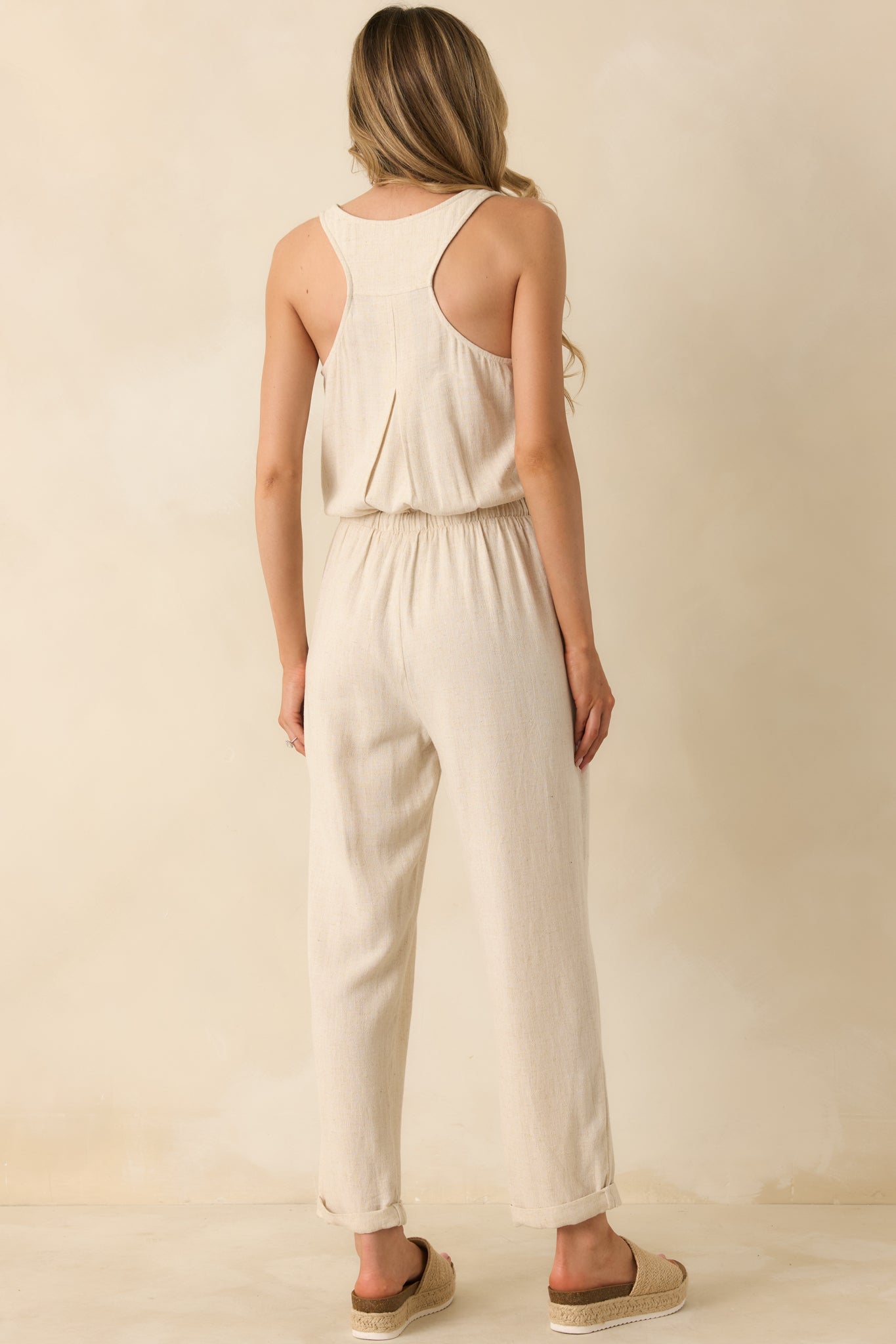 Anywhere And Everywhere Natural Linen Blend Sleeveless Jumpsuit