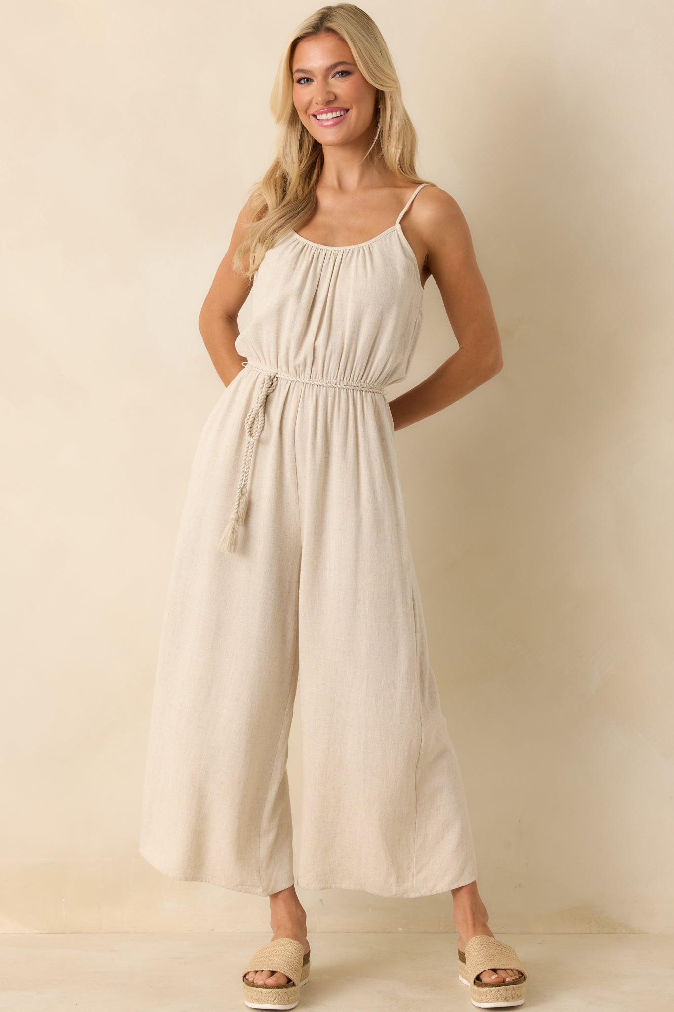 As Simple As That Natural Linen Blend Sleeveless Jumpsuit