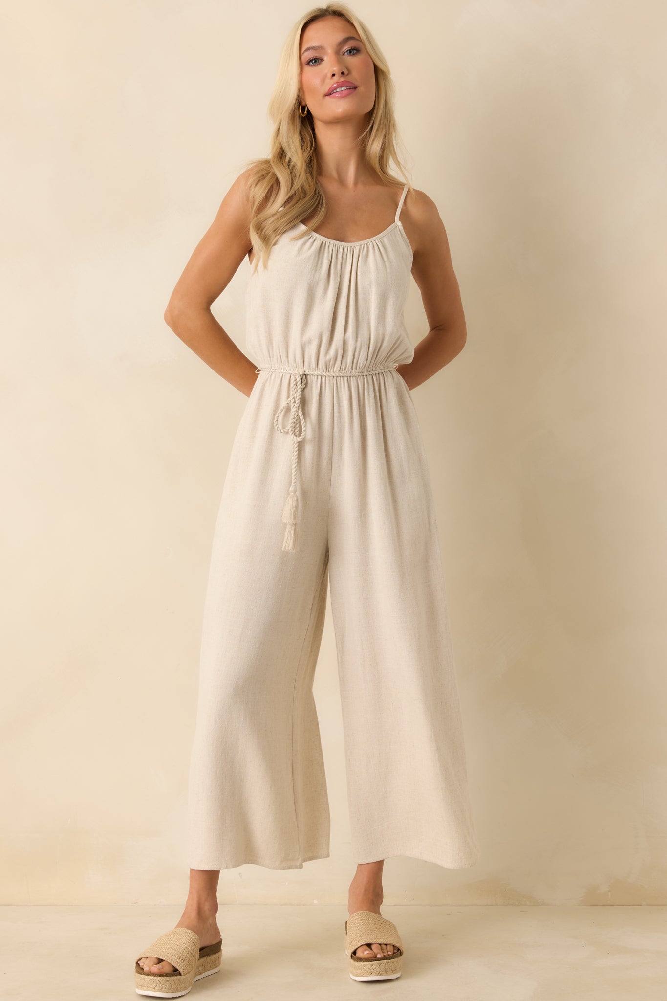 As Simple As That Natural Linen Blend Sleeveless Jumpsuit