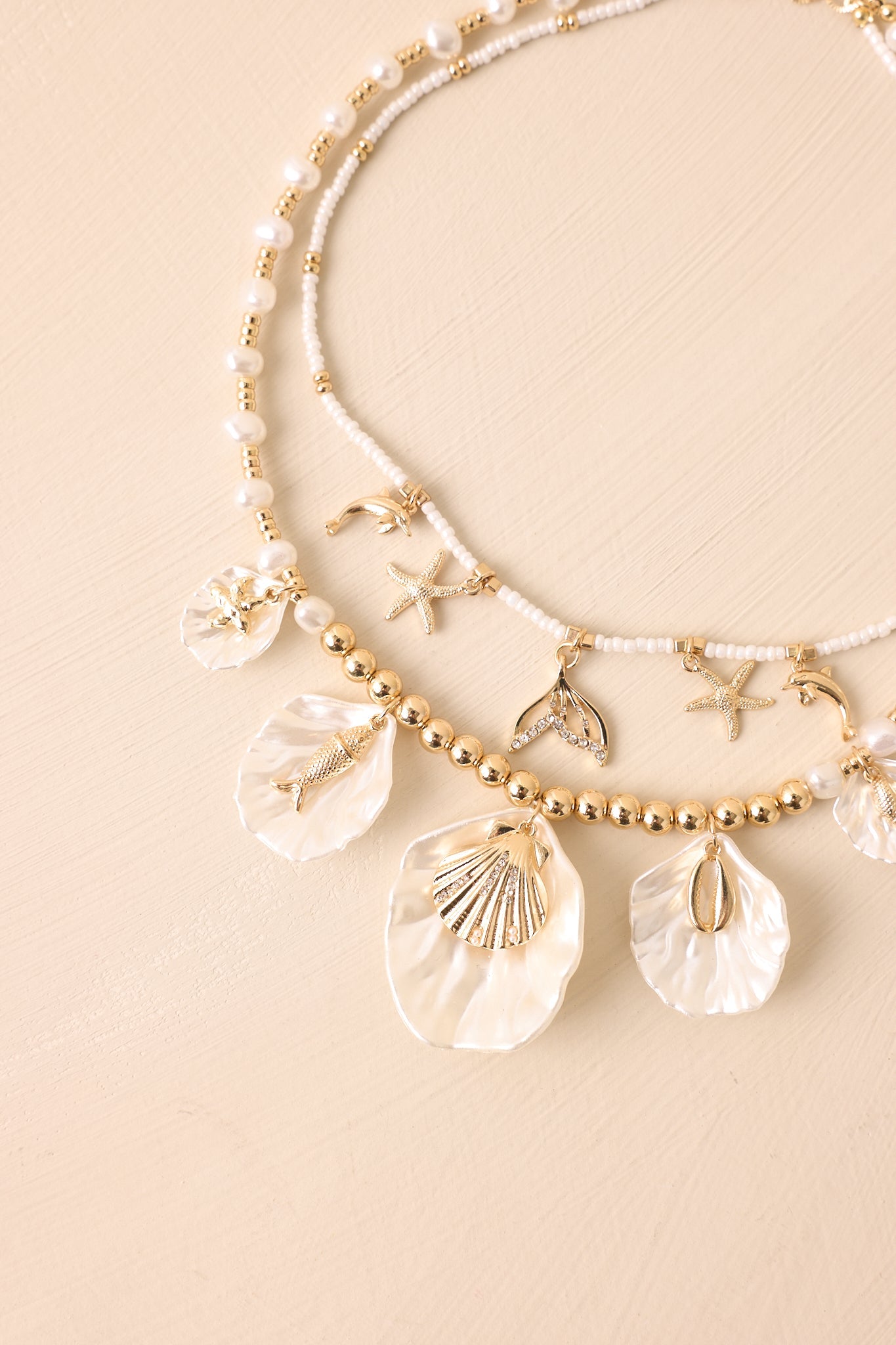 Sunkissed Living Gold Ivory Pearl Layered Coastal Charm Necklace