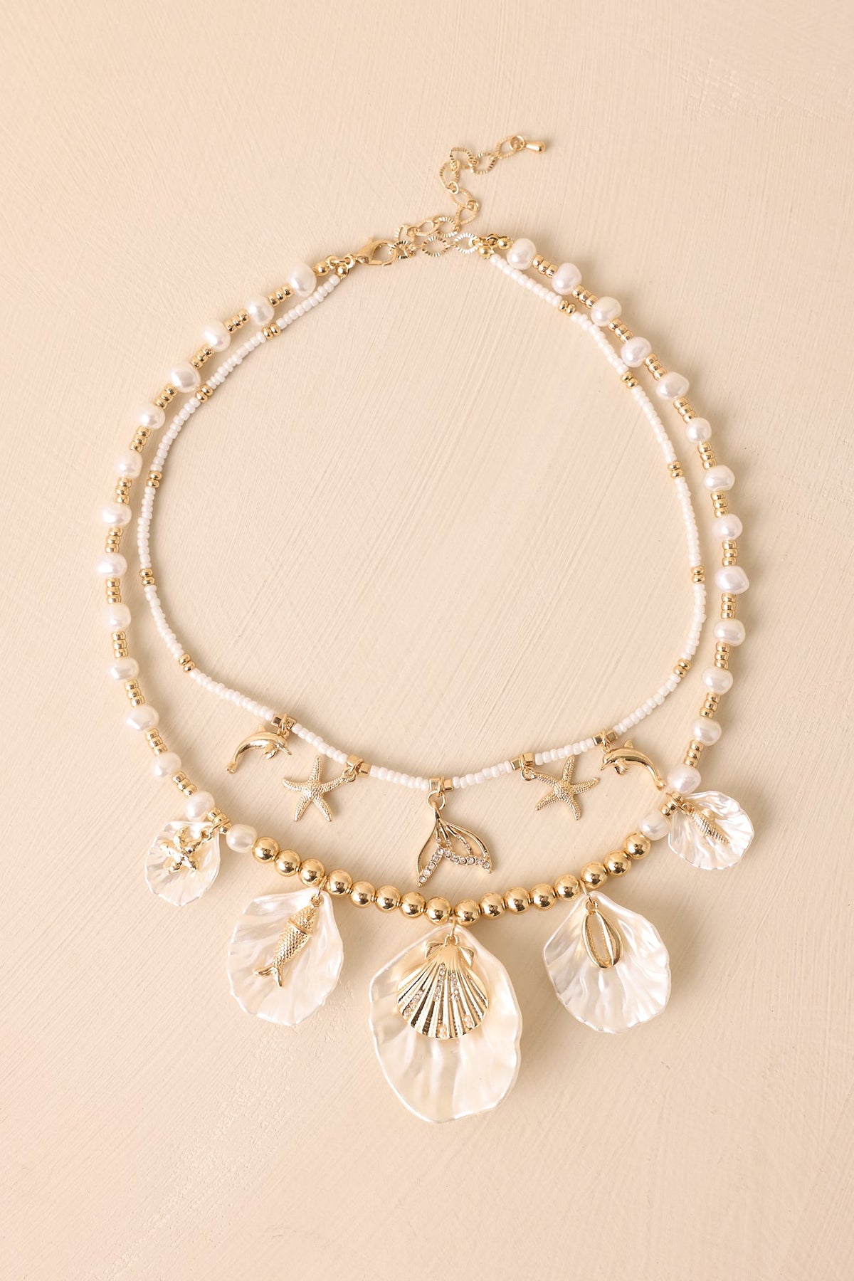 Sunkissed Living Gold Ivory Pearl Layered Coastal Charm Necklace