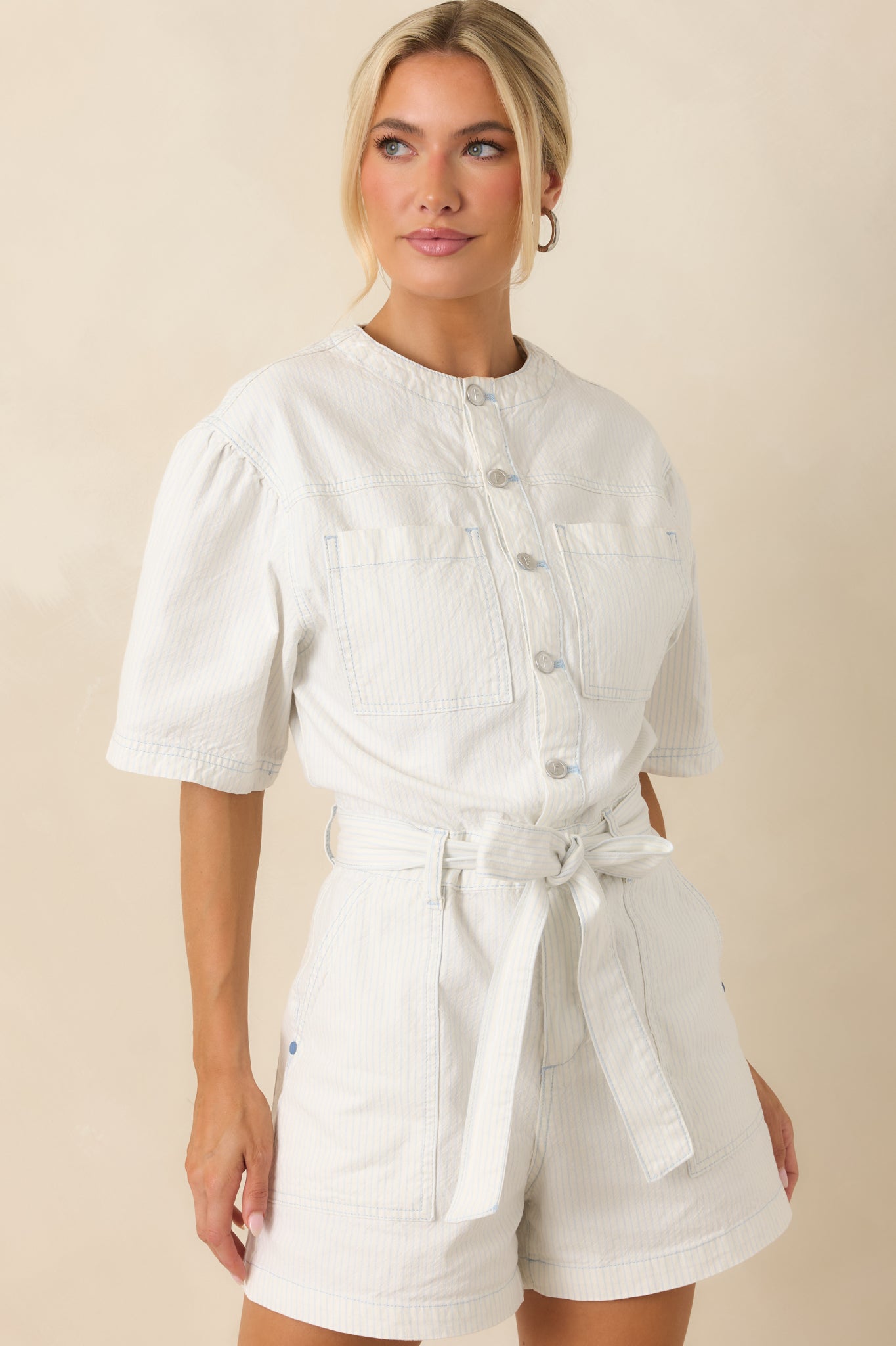 FRNCH Sirena Ivory & Sky Blue Stripe Playsuit