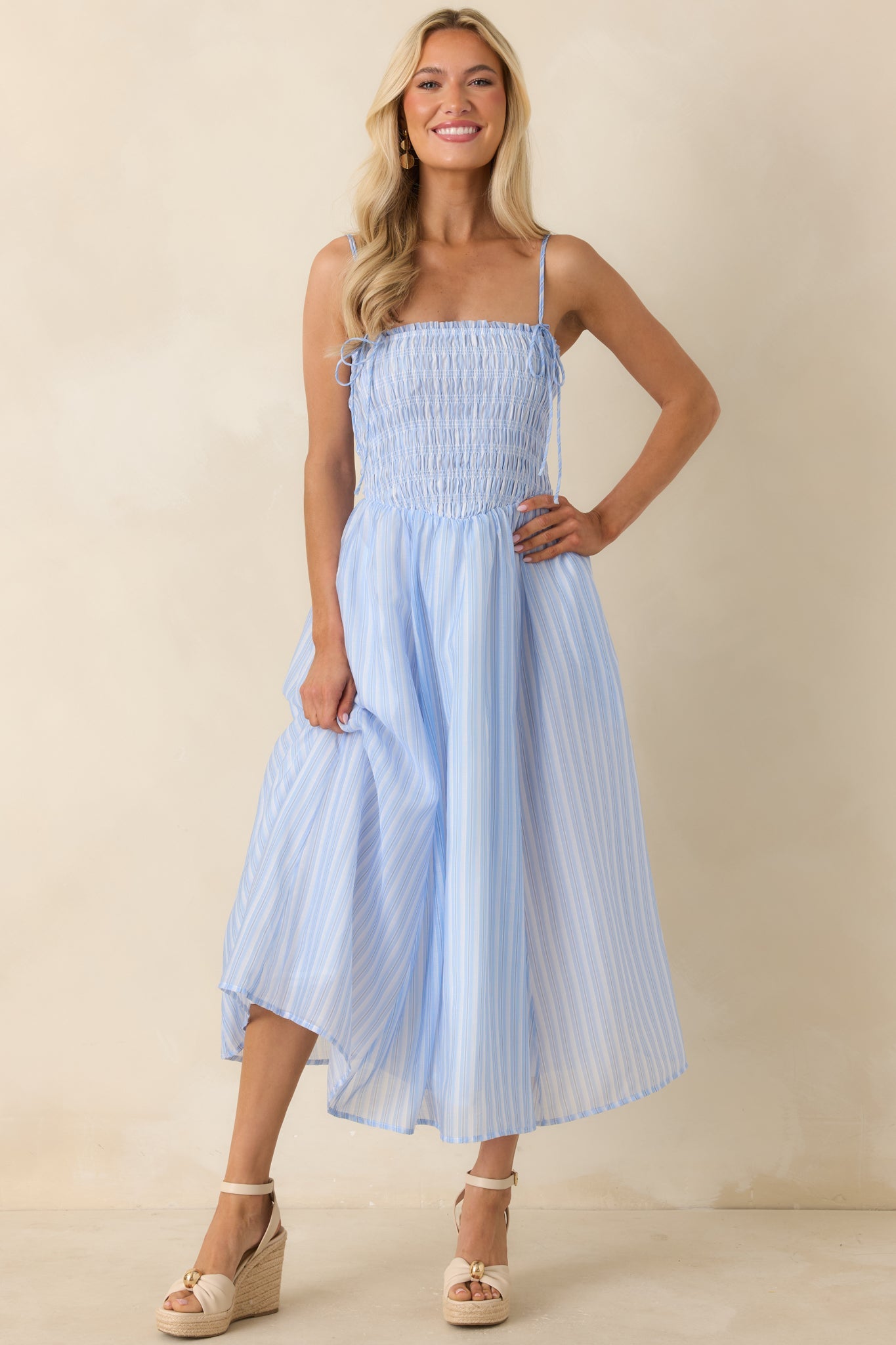 ASTR The Label Lahela Light Blue Stripe Smocked Midi Dress