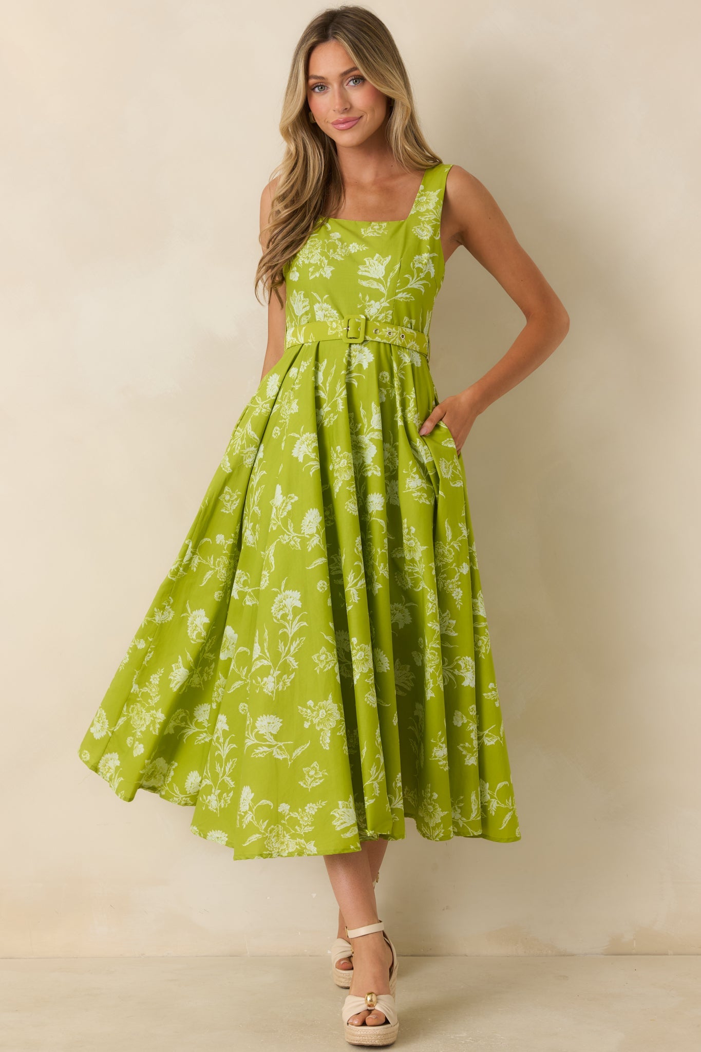 Fresh Air & Flowers Chartreuse Floral Cotton Midi Dress