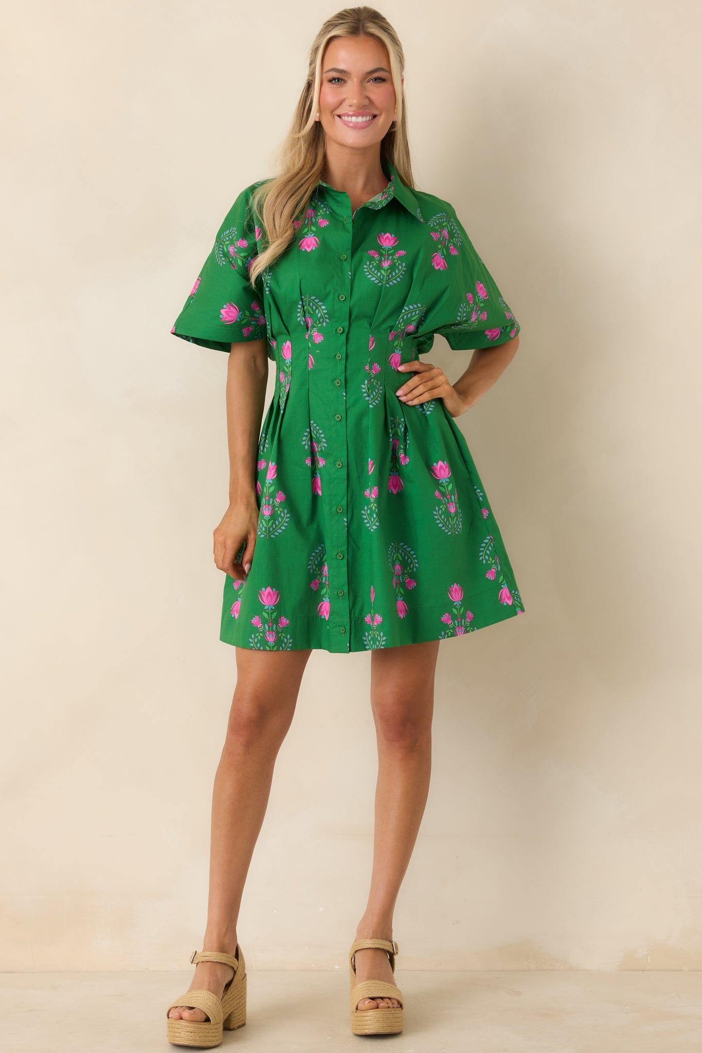 No Timeline Green & Pink Floral Cotton Pleated Mini Shirt Dress