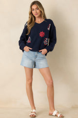 Anchored in Style Navy Multi Knit Nautical V-Neck Sweater