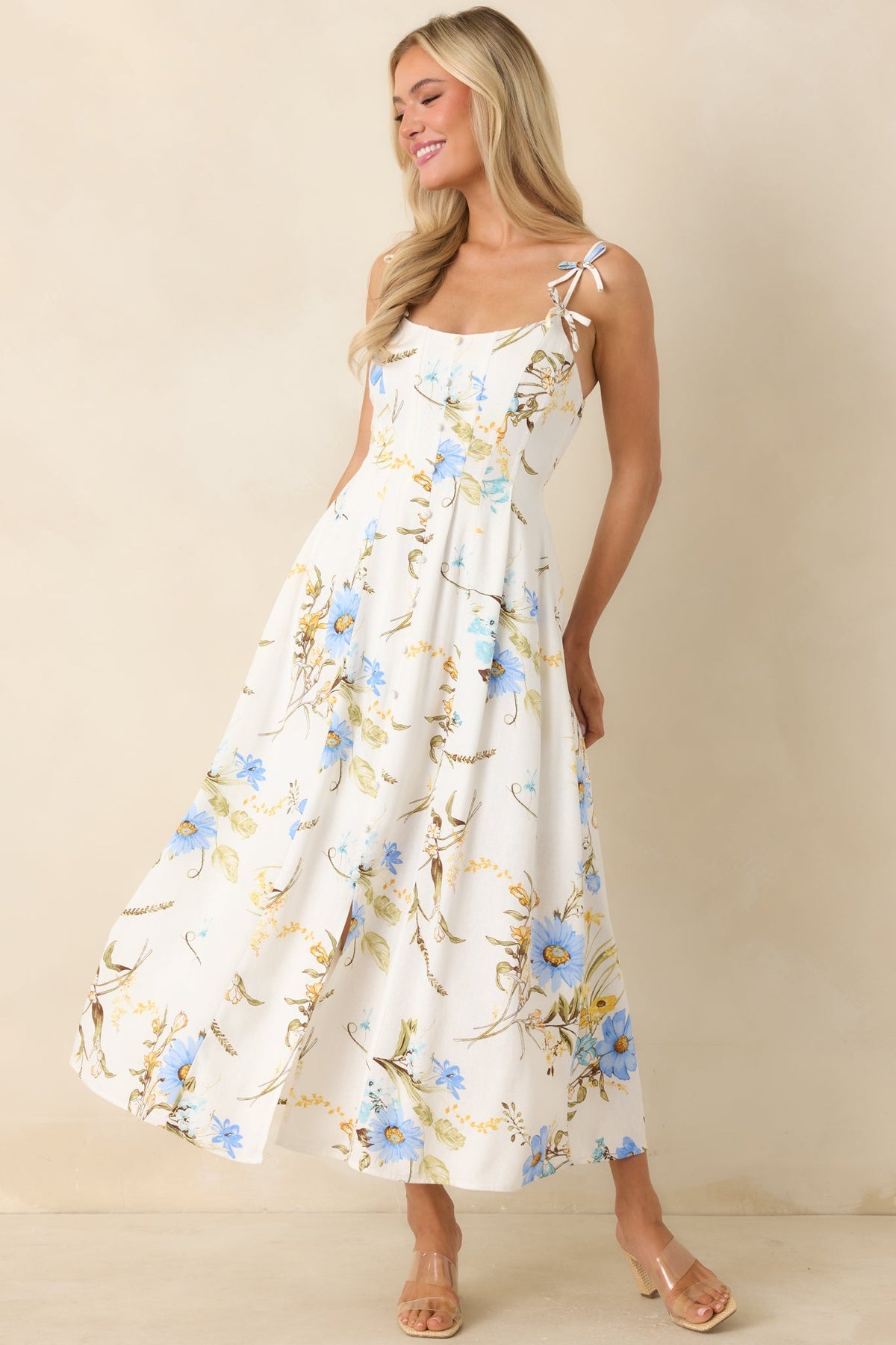 A Dash of Sunshine White Multi Floral Print Bow Accent Strap Midi Dress