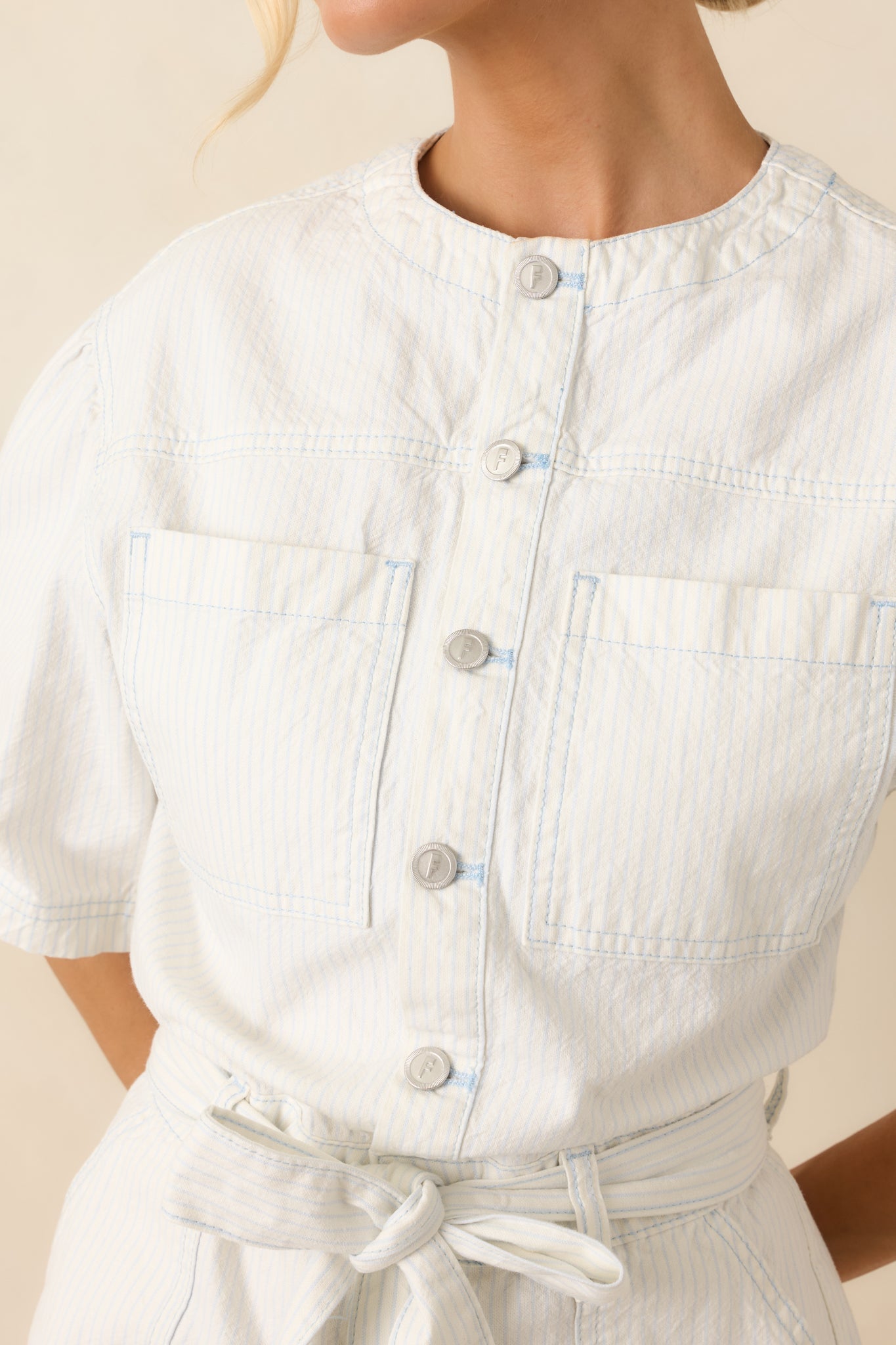 FRNCH Sirena Ivory & Sky Blue Stripe Playsuit