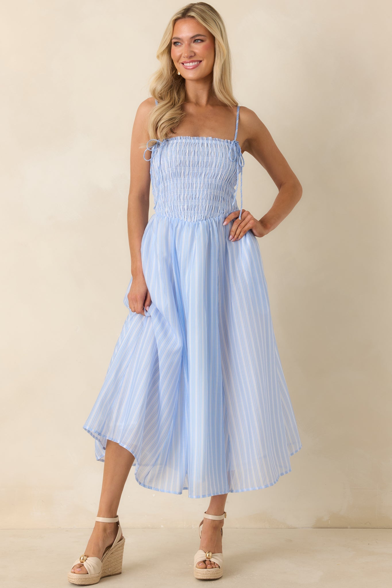 ASTR The Label Lahela Light Blue Stripe Smocked Midi Dress