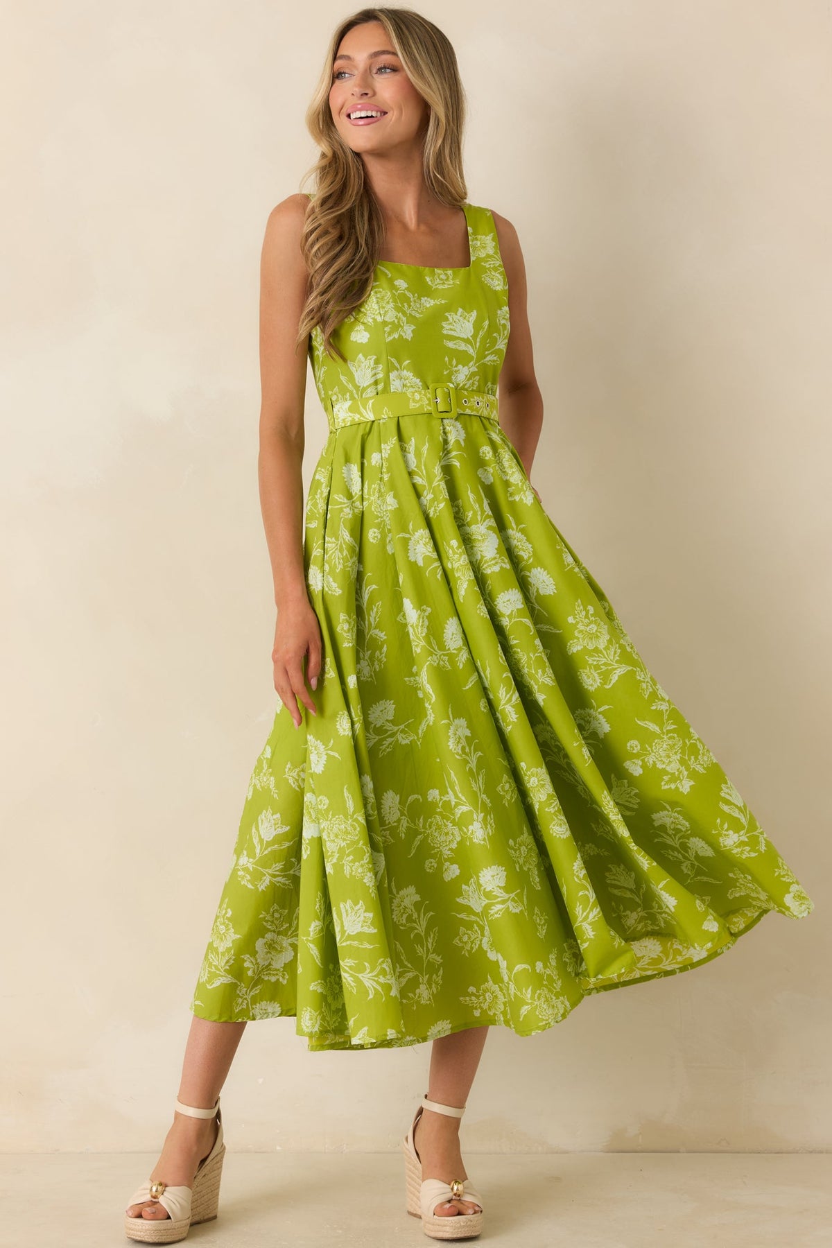 Fresh Air & Flowers Chartreuse Floral Cotton Midi Dress