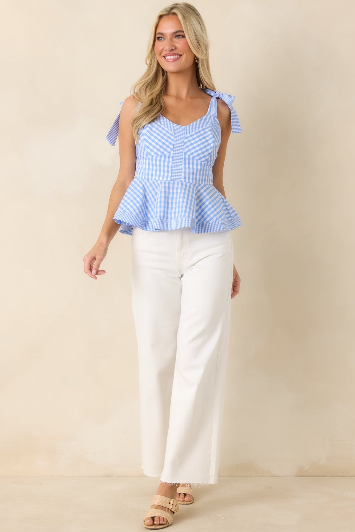 Save Me a Seat Blue & White Gingham Cotton Peplum Top