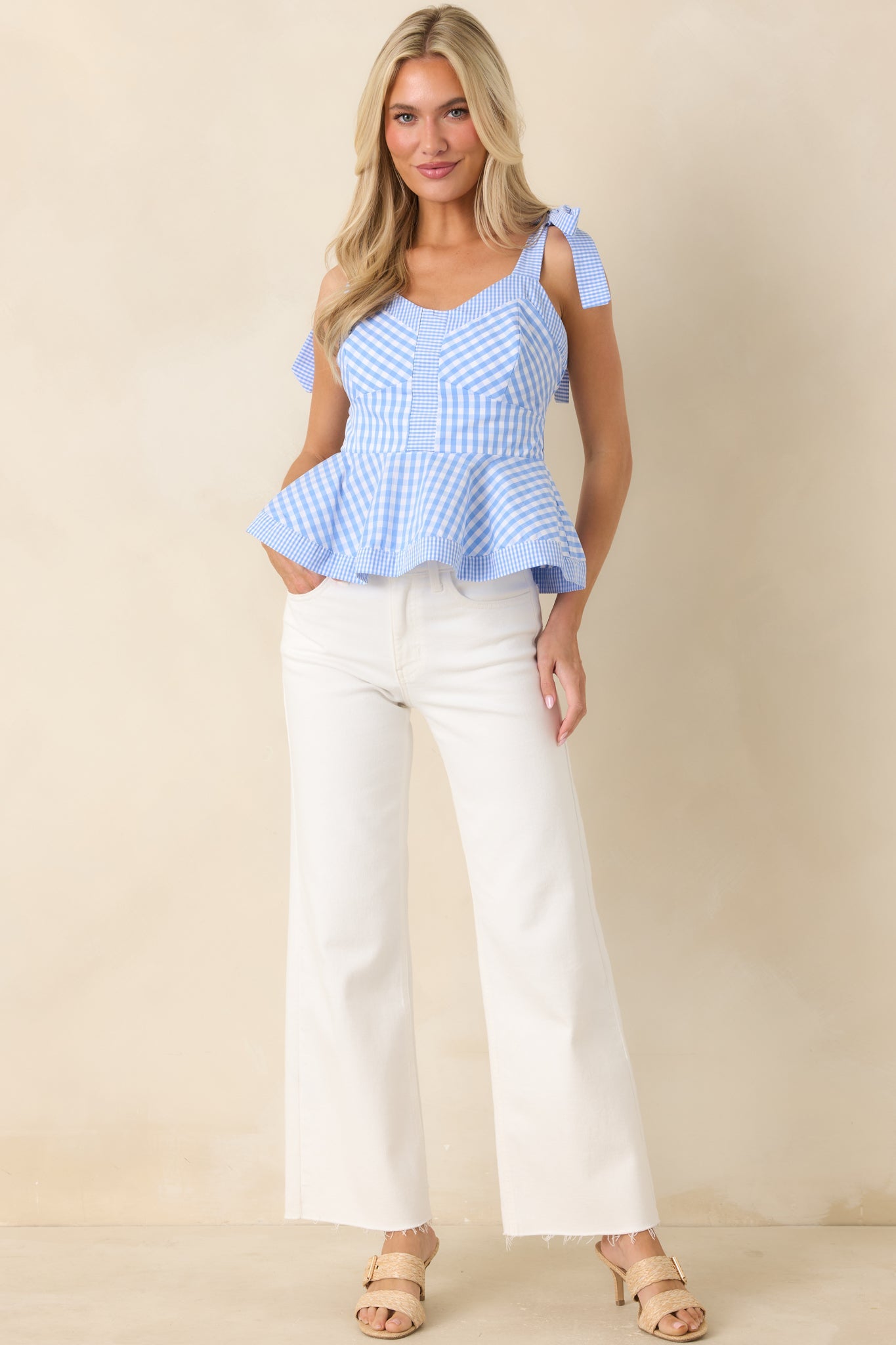 Save Me a Seat Blue & White Gingham Cotton Peplum Top