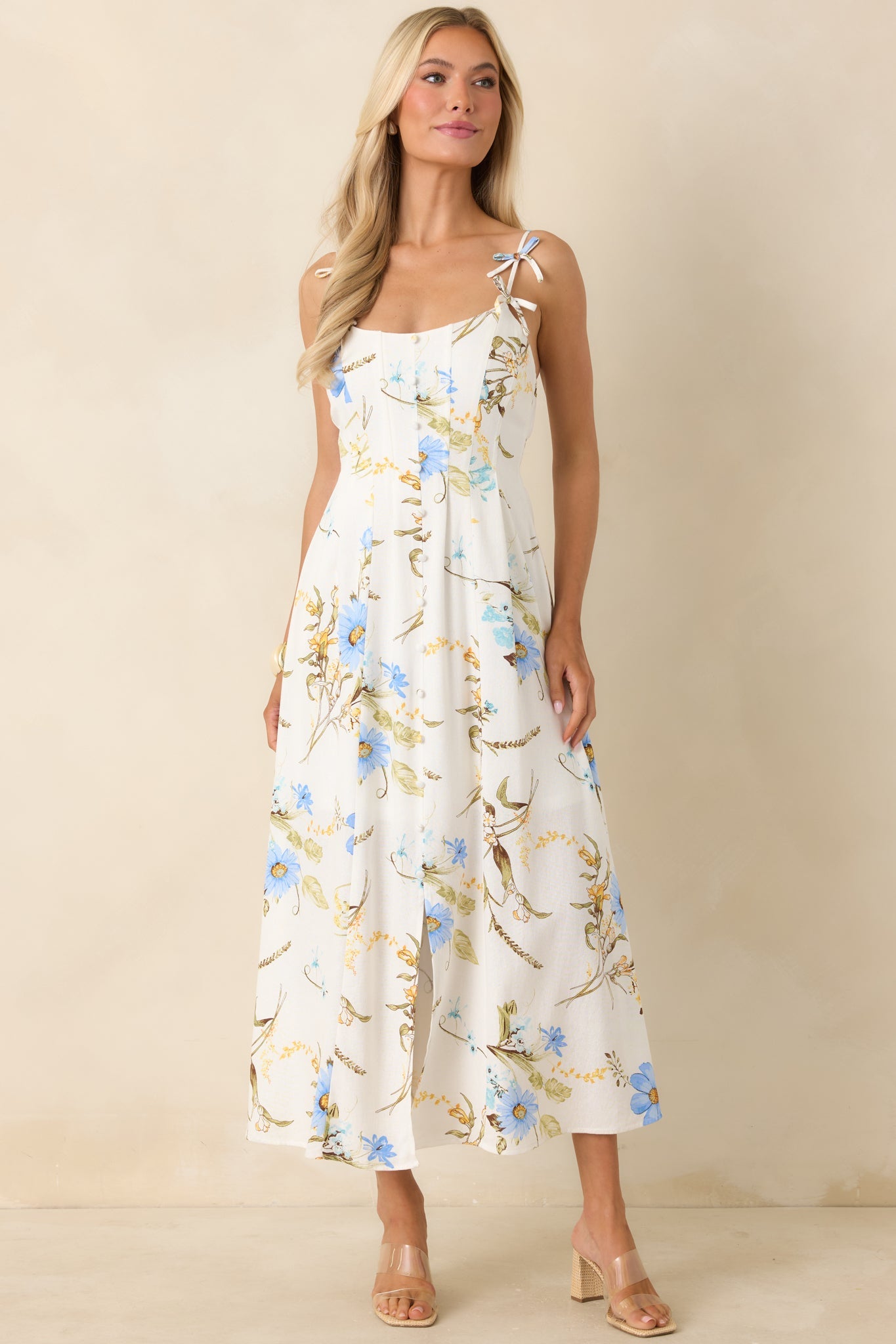 A Dash of Sunshine White Multi Floral Print Bow Accent Strap Midi Dress