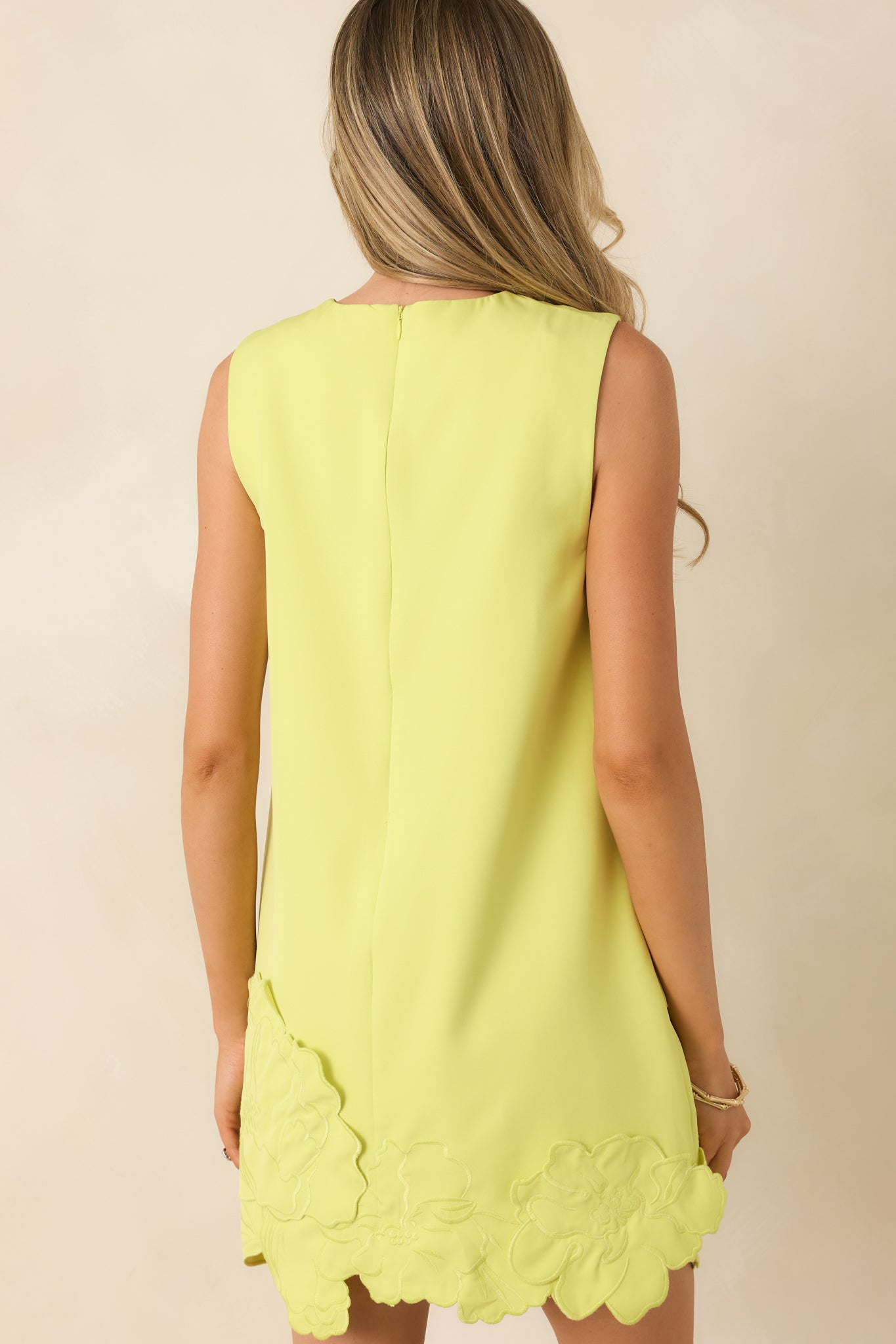 Petals in Passing Chartreuse Floral Appliqué Shift Mini Dress