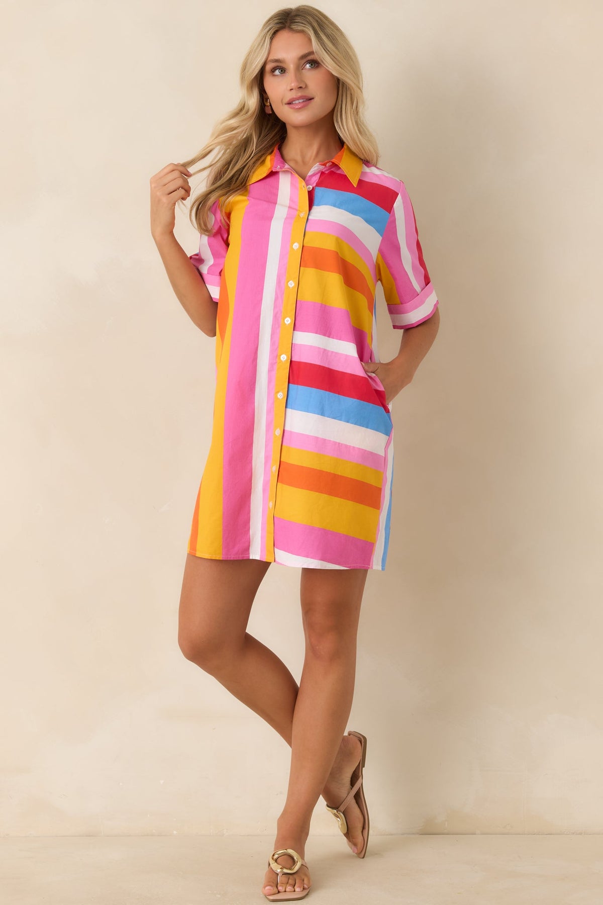 Happy Hour Hues Multi Stripe Cotton Mini Shirt Dress