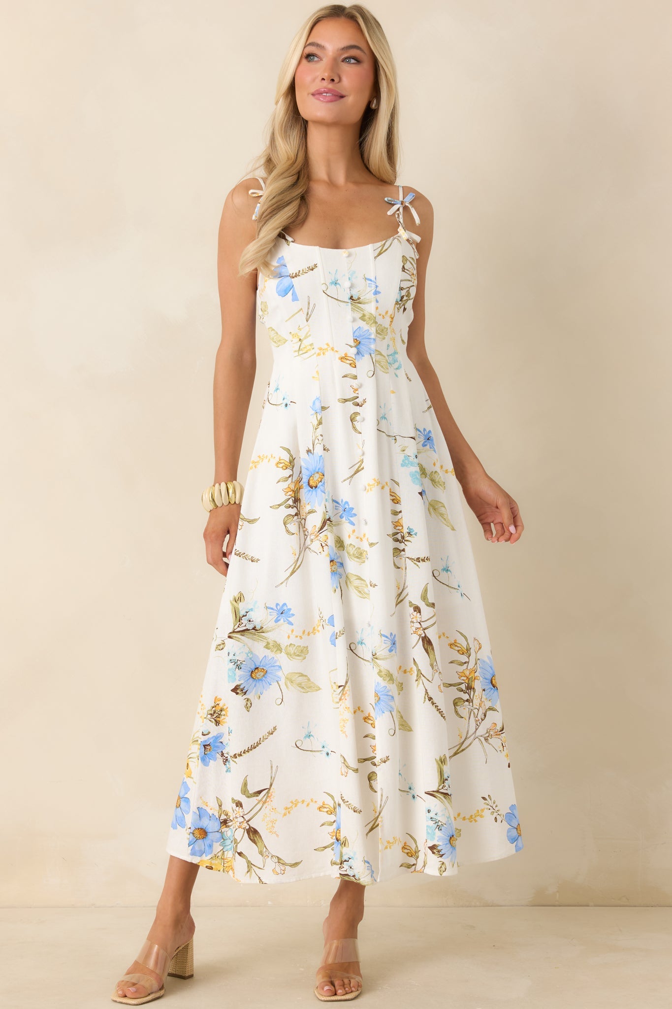 A Dash of Sunshine White Multi Floral Print Bow Accent Strap Midi Dress