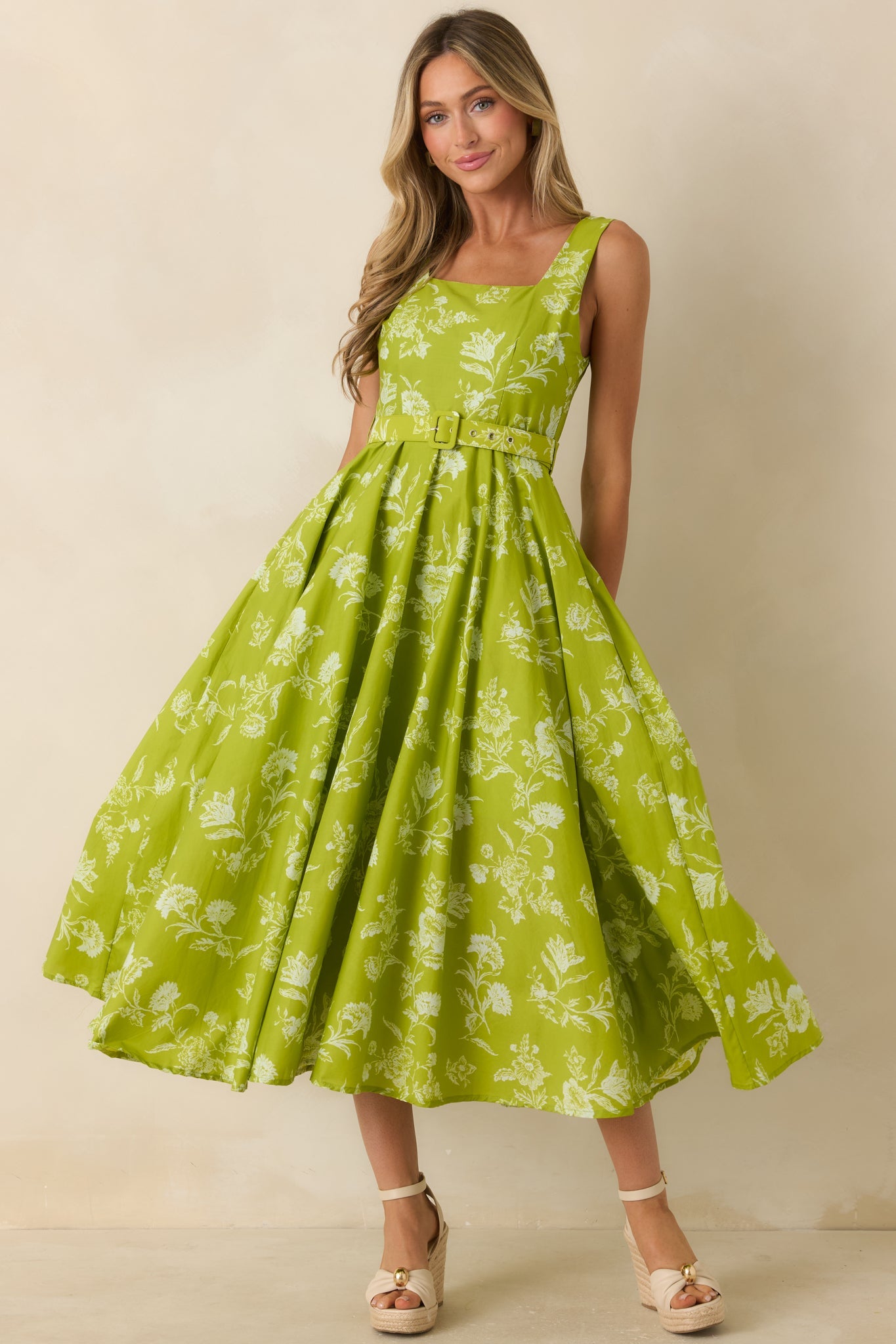 Fresh Air & Flowers Chartreuse Floral Cotton Midi Dress