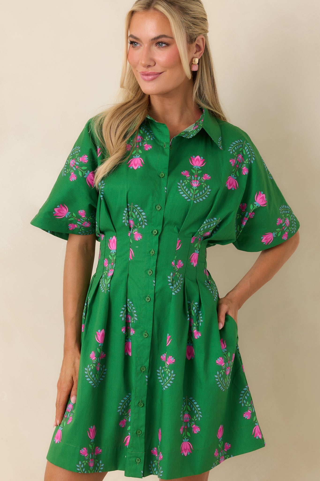 No Timeline Green & Pink Floral Cotton Pleated Mini Shirt Dress