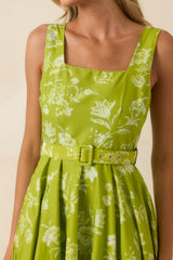 Fresh Air & Flowers Chartreuse Floral Cotton Midi Dress