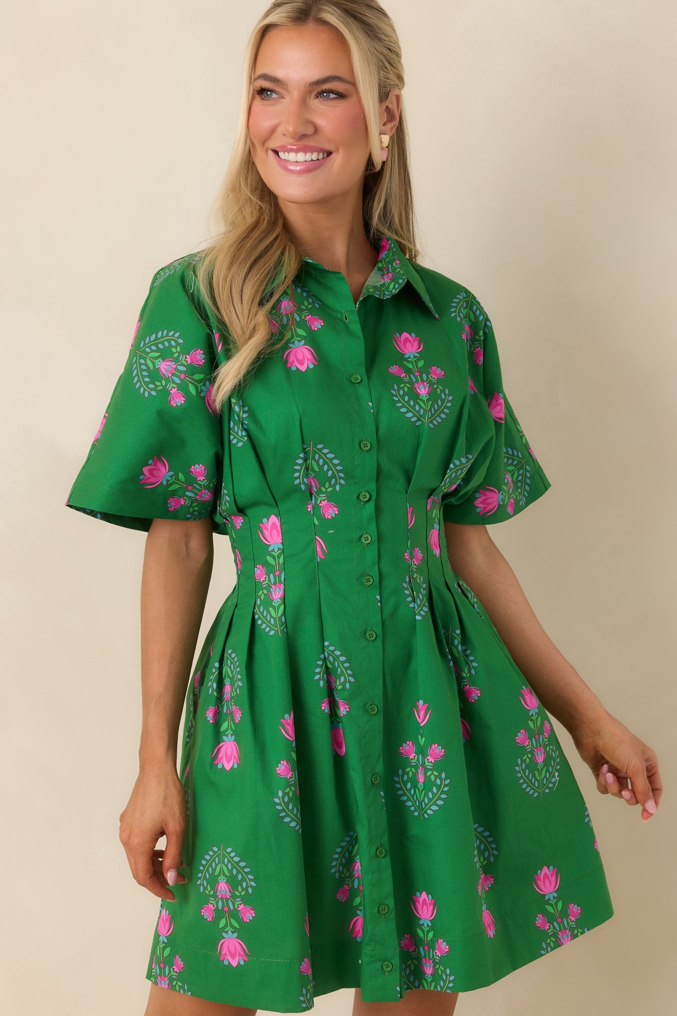 No Timeline Green & Pink Floral Cotton Pleated Mini Shirt Dress