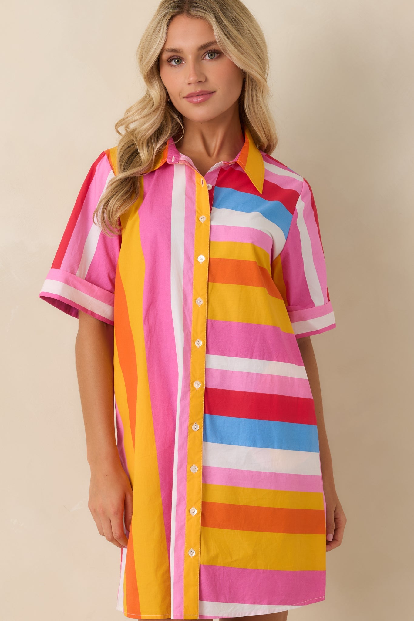 Happy Hour Hues Multi Stripe Cotton Mini Shirt Dress