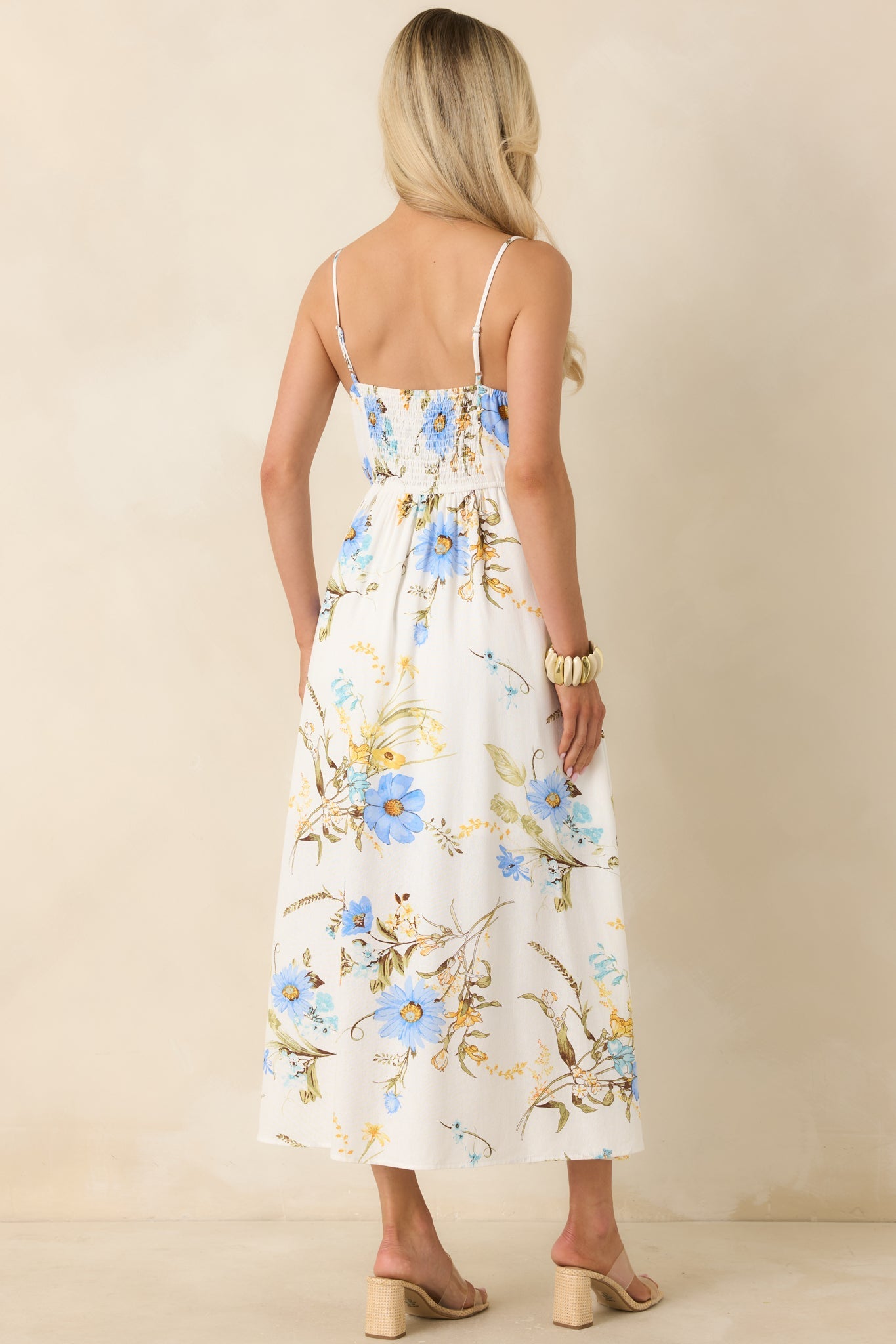 A Dash of Sunshine White Multi Floral Print Bow Accent Strap Midi Dress