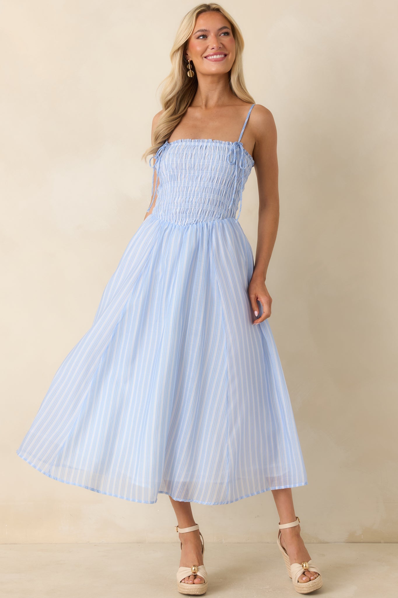 ASTR The Label Lahela Light Blue Stripe Smocked Midi Dress