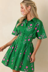 No Timeline Green & Pink Floral Cotton Pleated Mini Shirt Dress