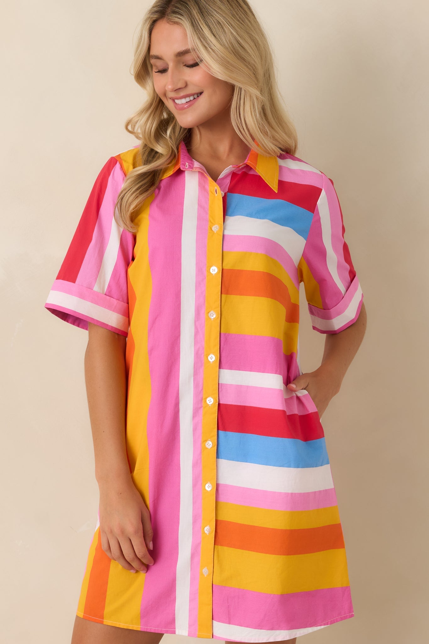 Happy Hour Hues Multi Stripe Cotton Mini Shirt Dress