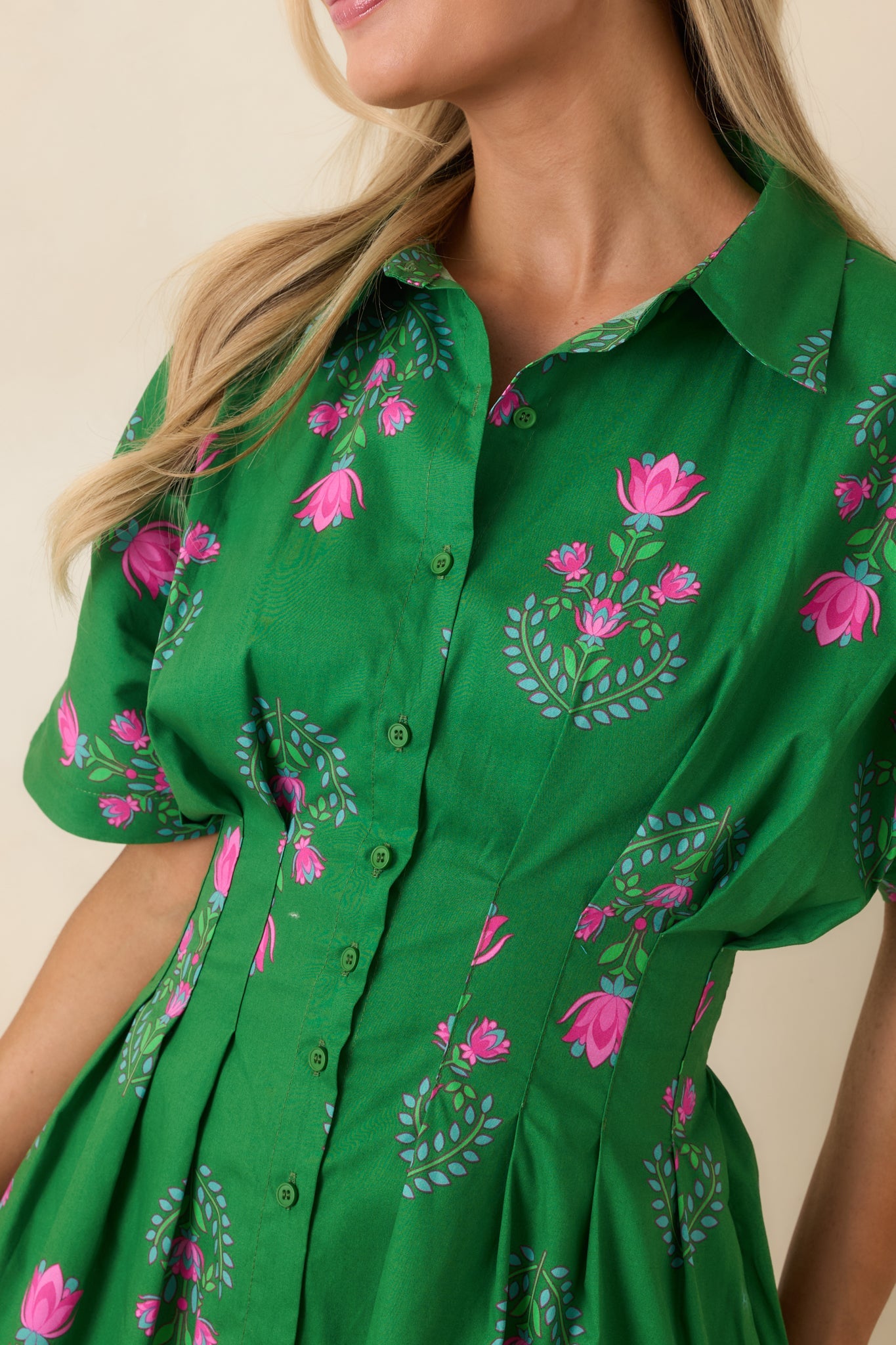 No Timeline Green & Pink Floral Cotton Pleated Mini Shirt Dress