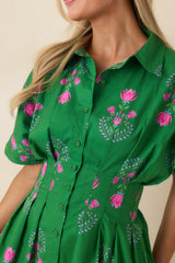 No Timeline Green & Pink Floral Cotton Pleated Mini Shirt Dress