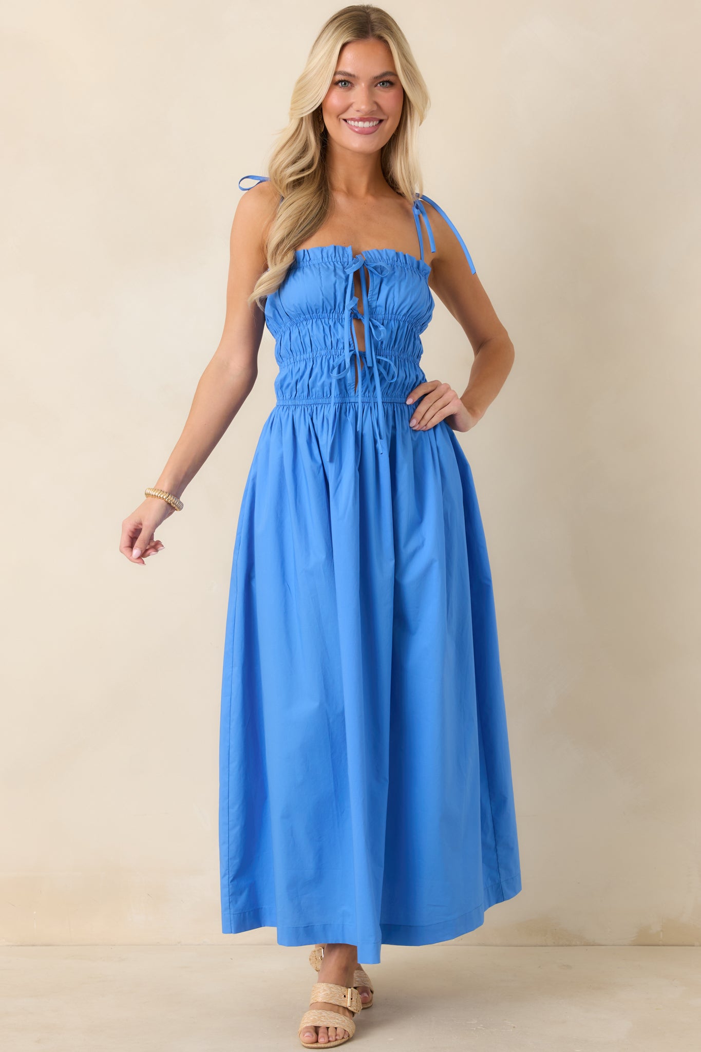 MINKPINK Liana Blue Cotton Tie Detail Midi Dress