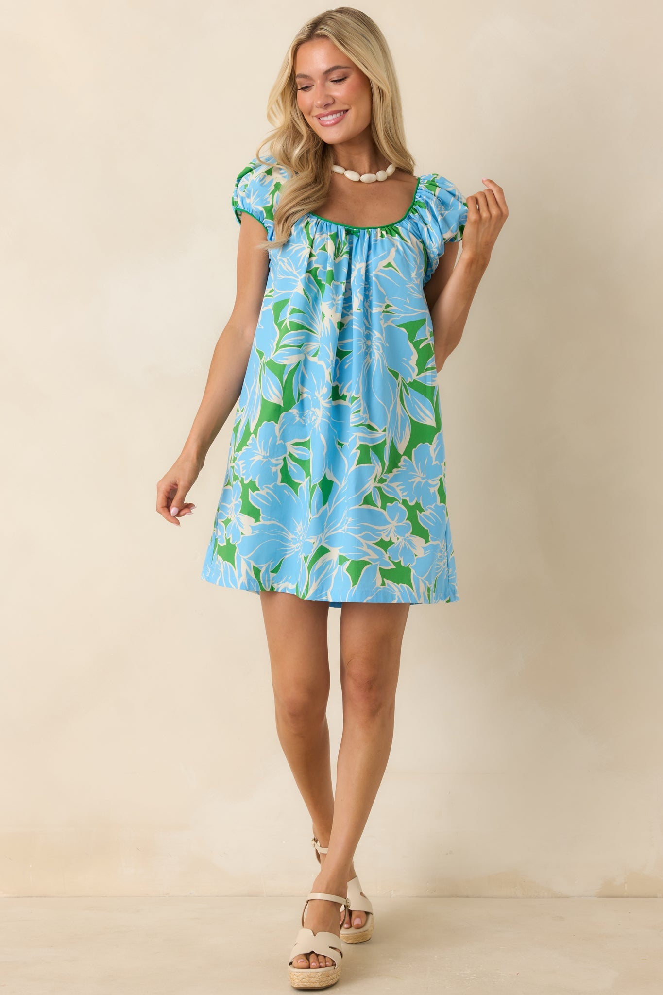 Look Who's Here Blue Floral Cotton Mini Dress