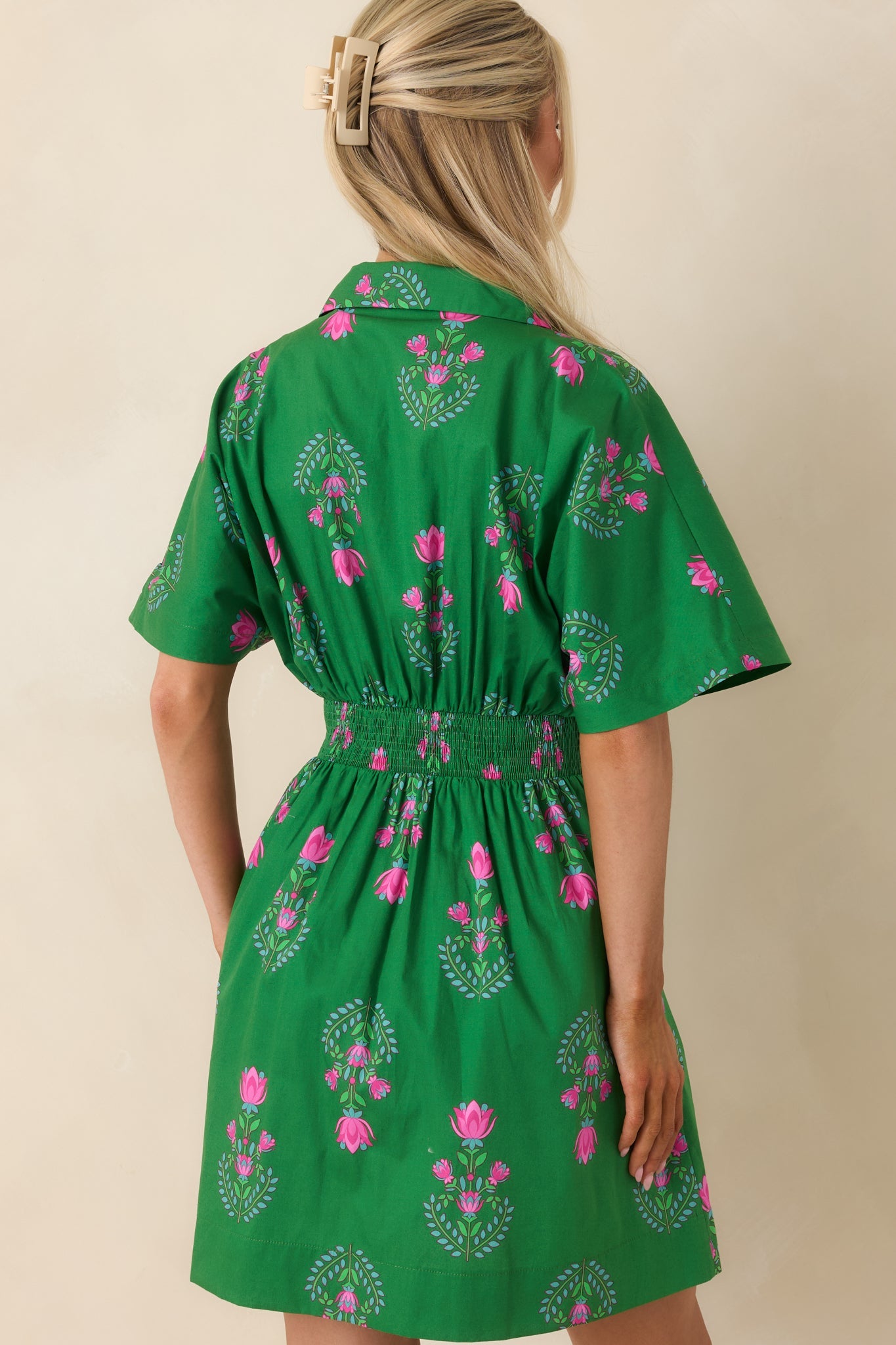 No Timeline Green & Pink Floral Cotton Pleated Mini Shirt Dress