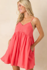 Talk Flirty to Me Coral Pink Woven Mini Dress