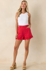 Just Darling Red Cotton Scalloped Hem Shorts