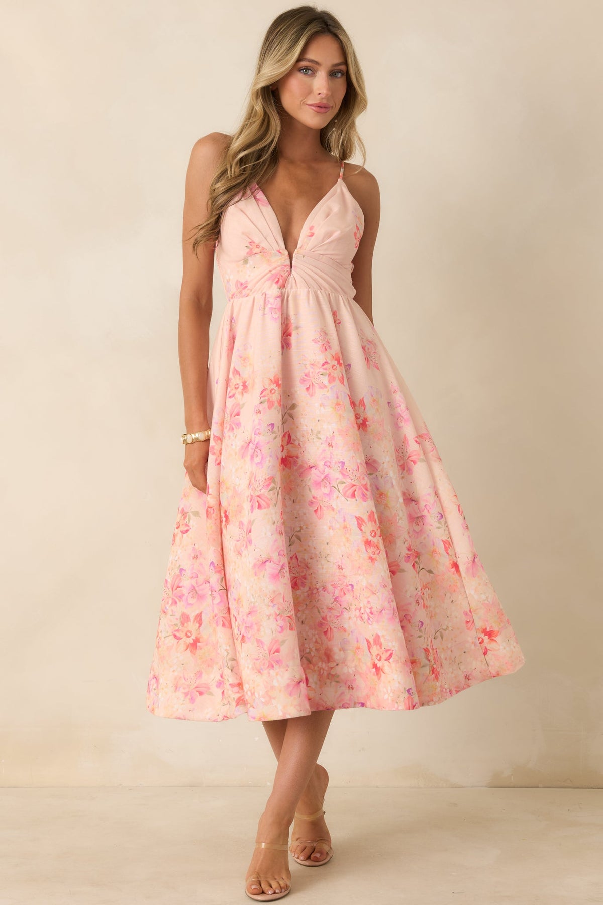ASTR The Label Janna Pink Floral Midi Dress