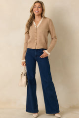 Must Be Love Heathered Taupe Lace Detail Button Front Cardigan Sweater