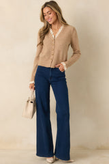 Must Be Love Heathered Taupe Lace Detail Button Front Cardigan Sweater